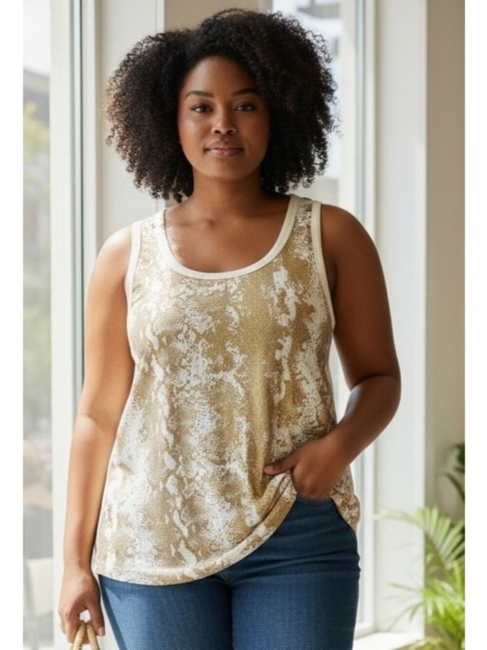 Y2K Womens Glitter‎ Tank Top 1X (16W) Gold Cream Ribbed Stretch Lightweight